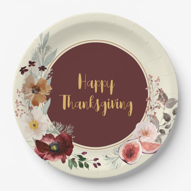 Happy Thanksgiving Autumn Flowers & Figs Paper Plate (Front)