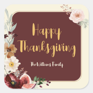 Happy Thanksgiving Autumn Flowers & Figs Square Sticker