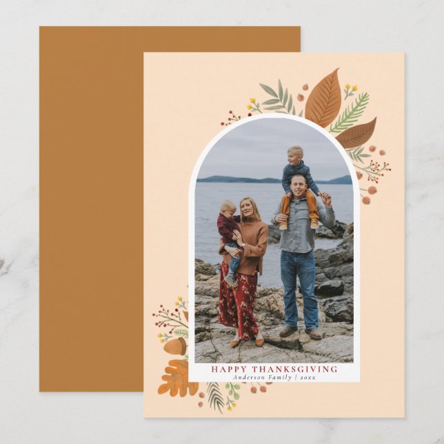 Happy Thanksgiving Autumn Foliage Arch Curve Photo Holiday Card (Front/Back)