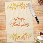 Happy Thanksgiving Autumn Leaf Border Custom Tea Towel<br><div class="desc">This apron design features top and bottom borders of crossed limbs with pastel autumn colour leaves and template message. Personalise or remove the template text or edit using the design tool to select a font style,  size,  and colour you prefer.</div>