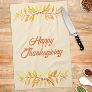 Happy Thanksgiving Autumn Leaf Border Custom Tea Towel
