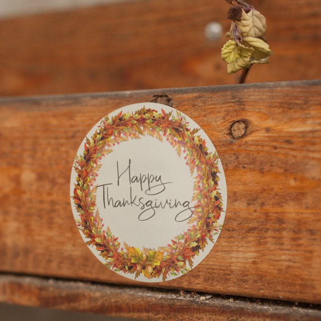 Happy Thanksgiving Autumn Leaf Wreath Fall Classic Round Sticker (Creator Uploaded)