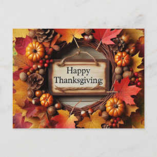 Happy Thanksgiving Autumn Leaf Wreath Holiday Postcard