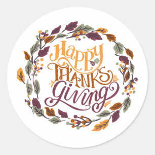 Happy Thanksgiving Autumn Leaf Wreath Typography Classic Round Sticker