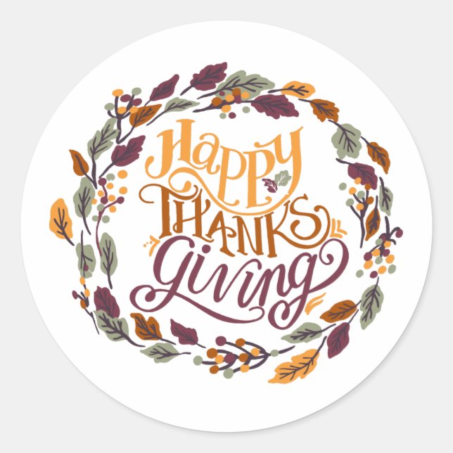 Happy Thanksgiving Autumn Leaf Wreath Typography Classic Round Sticker (Front)