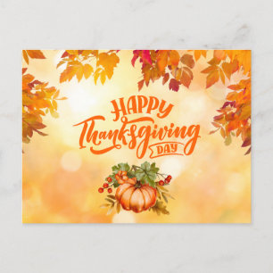 Happy Thanksgiving Autumn Leaves and Pumpkin Holiday Postcard
