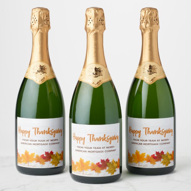 Happy Thanksgiving Autumn Leaves Custom Business Sparkling Wine Label (Bottles)