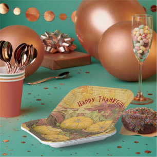 Happy Thanksgiving Autumn Leaves Gourds Paper Plate