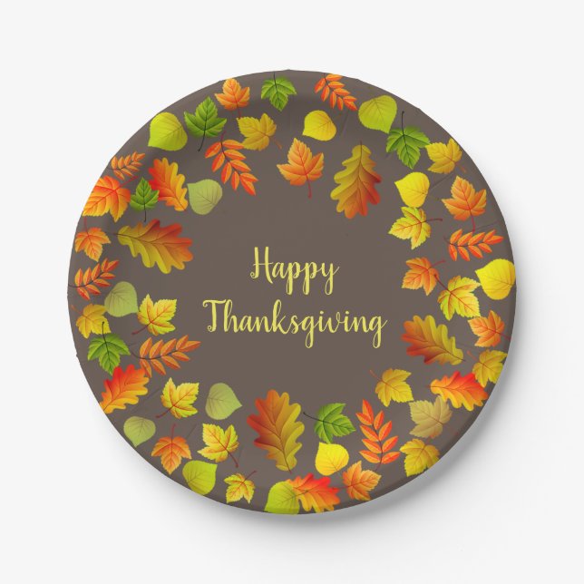 Happy Thanksgiving Autumn Leaves on Brown Paper Plate (Front)