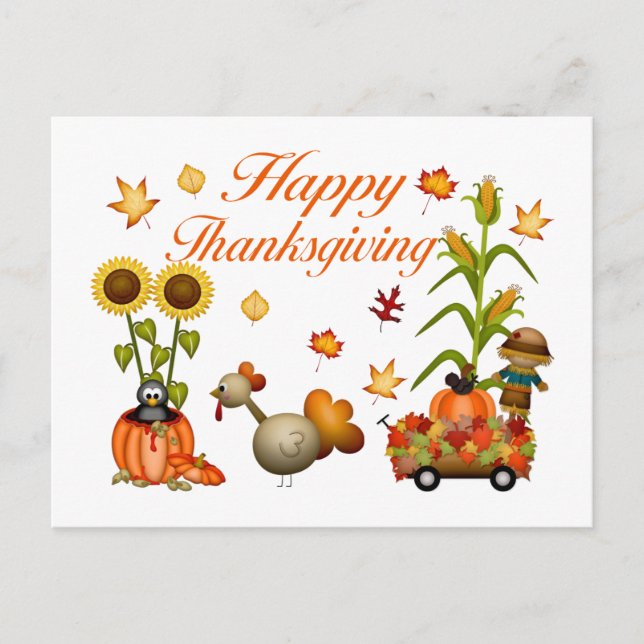 Happy Thanksgiving Autumn Leaves Pumpkin & Turkey Holiday Postcard (Front)