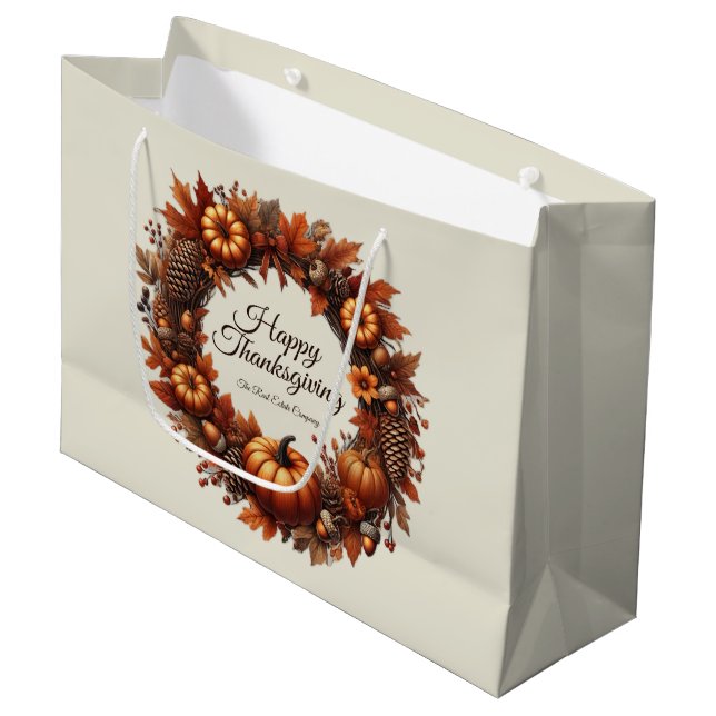 Happy Thanksgiving Autumn Leaves Wreath Company Large Gift Bag (Front Angled)