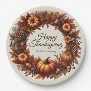 Happy Thanksgiving Autumn Leaves Wreath Company Paper Plate