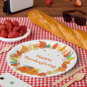 Happy Thanksgiving Autumn Leaves Wreath Paper Plate