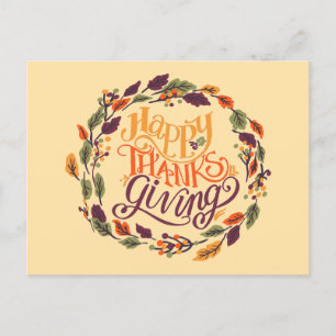 Happy Thanksgiving Autumn Leaves Wreath Typography Holiday Postcard