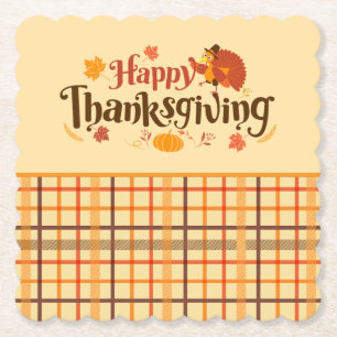 Happy Thanksgiving Autumn Plaid Paper Coaster