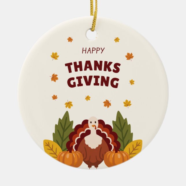 Happy Thanksgiving Autumn, Pumpkin & Turkey Ceramic Tree Decoration (Front)