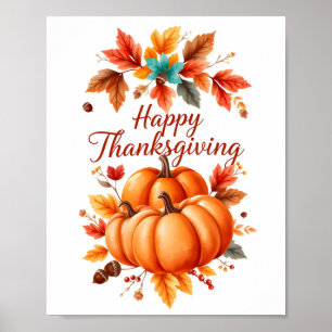 Happy Thanksgiving – Autumn Pumpkins and Fall Leav Poster