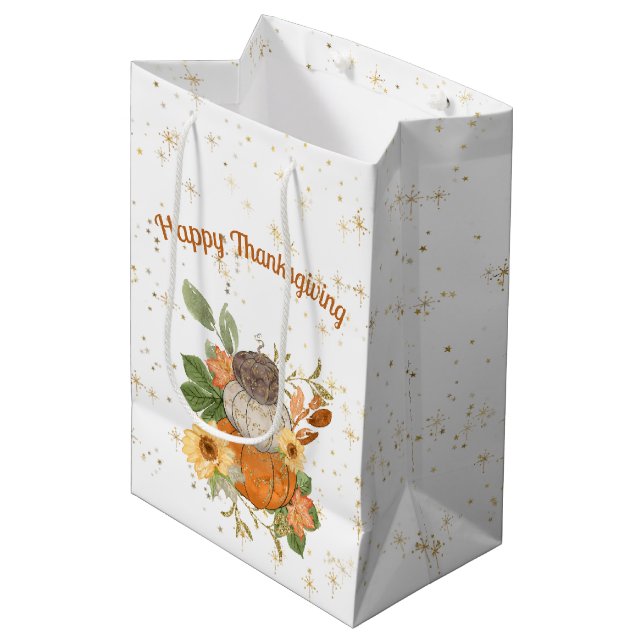 Happy Thanksgiving Autumn Pumpkins and Flowers  Medium Gift Bag (Front Angled)