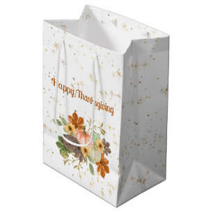 Happy Thanksgiving Autumn Pumpkins and Flowers Medium Gift Bag