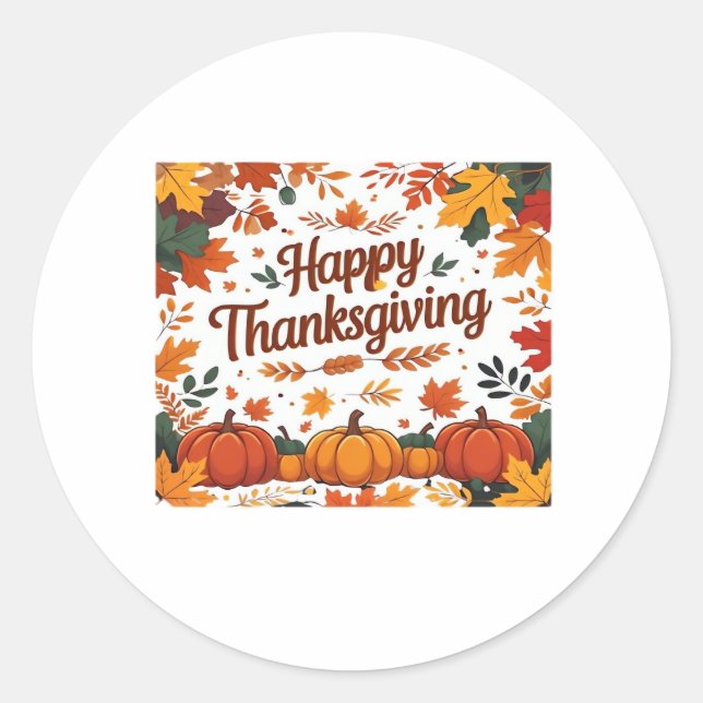 Happy Thanksgiving – Autumn Pumpkins & Fall Leaves Classic Round Sticker (Front)
