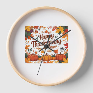Happy Thanksgiving – Autumn Pumpkins & Fall Leaves Clock