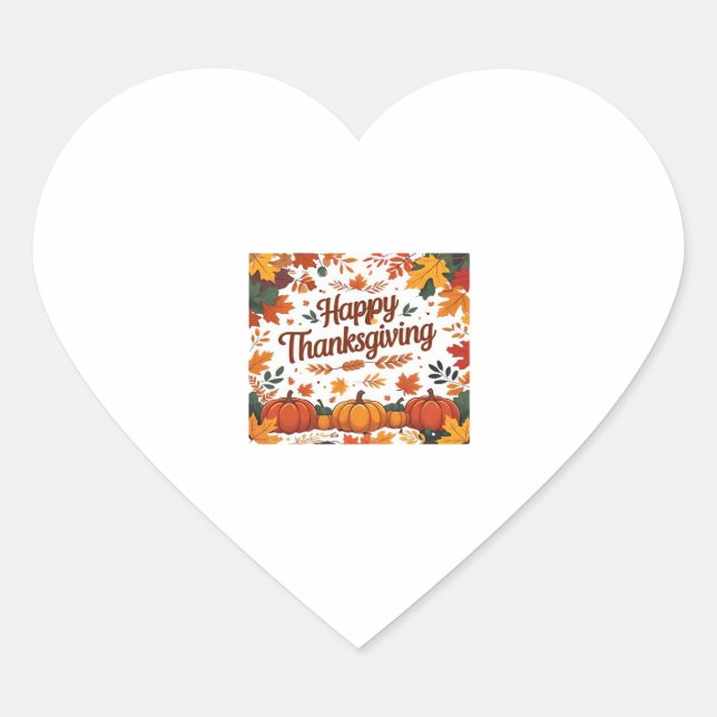 Happy Thanksgiving – Autumn Pumpkins & Fall Leaves Heart Sticker (Front)