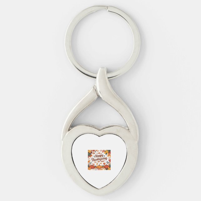 Happy Thanksgiving – Autumn Pumpkins & Fall Leaves Key Ring (Front)