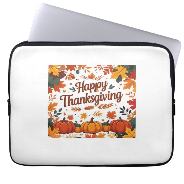 Happy Thanksgiving – Autumn Pumpkins & Fall Leaves Laptop Sleeve (Front)