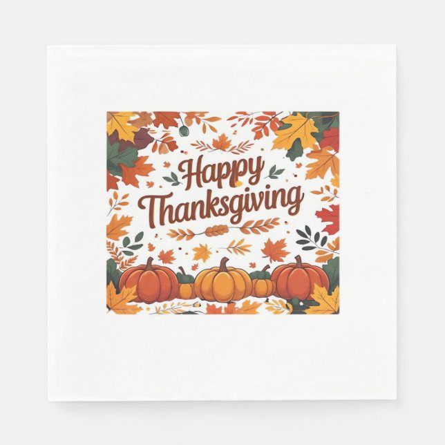 Happy Thanksgiving – Autumn Pumpkins & Fall Leaves Napkin (Front)