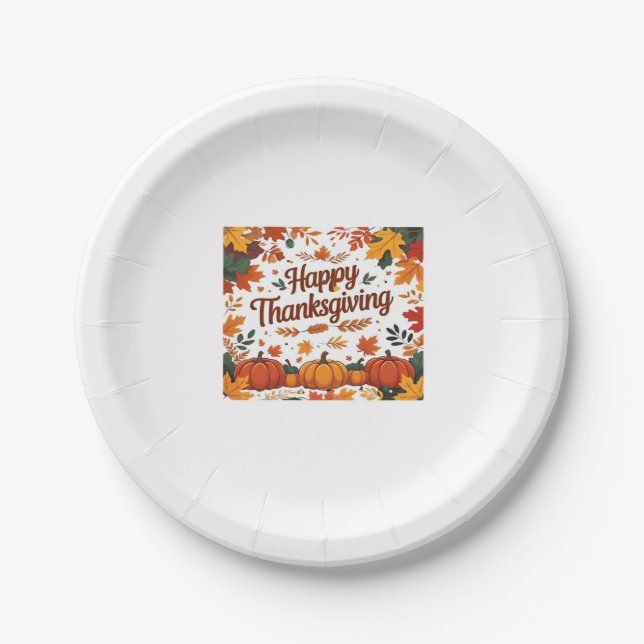 Happy Thanksgiving – Autumn Pumpkins & Fall Leaves Paper Plate (Front)
