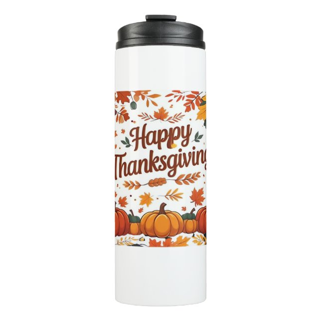 Happy Thanksgiving – Autumn Pumpkins & Fall Leaves Thermal Tumbler (Front)