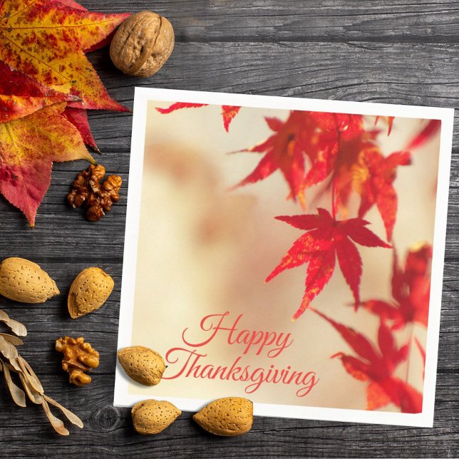 Happy Thanksgiving Autumn Red Maple Leaves Napkin (Creator Uploaded)