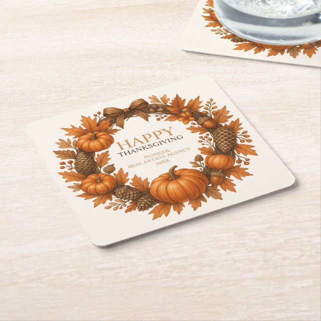 Happy Thanksgiving Autumn Wreath Elegant Square Paper Coaster (Angled)