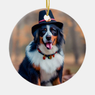 Happy Thanksgiving Bernese Mountain Dog Pilgrim Ceramic Tree Decoration