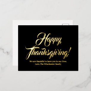 Happy Thanksgiving black custom script elegant Foil Holiday Postcard