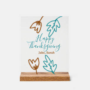 Happy Thanksgiving blue brown fall leaves flower h Acrylic Sign