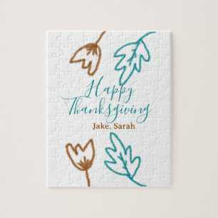 Happy Thanksgiving blue brown fall leaves flower h Jigsaw Puzzle