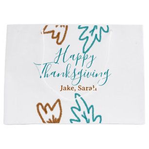 Happy Thanksgiving blue brown fall leaves flower h Large Gift Bag