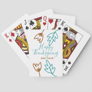 Happy Thanksgiving blue brown fall leaves flower h Playing Cards