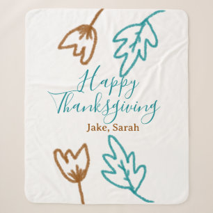 Happy Thanksgiving blue brown fall leaves flower h Sherpa Blanket