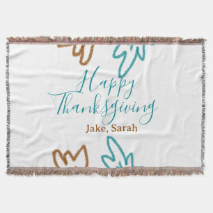 Happy Thanksgiving blue brown fall leaves flower h Throw Blanket