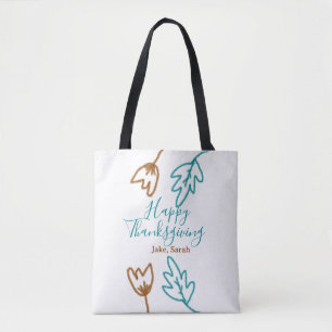 Happy Thanksgiving blue brown fall leaves flower h Tote Bag
