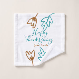 Happy Thanksgiving blue brown fall leaves flower h Wash Cloth