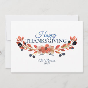 Happy Thanksgiving Blue Brown Floral Watercolor Holiday Card