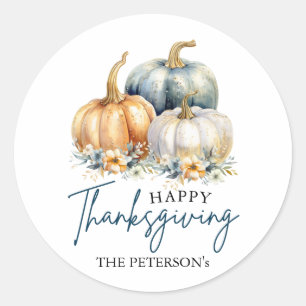 Happy Thanksgiving Blue Orange Gold Pumpkins Classic Round Sticker