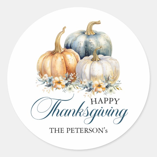 Happy Thanksgiving Blue Orange Gold Pumpkins Classic Round Sticker (Front)