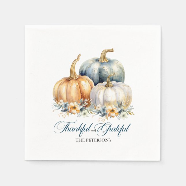 Happy Thanksgiving Blue Orange Gold Pumpkins Napkin (Front)