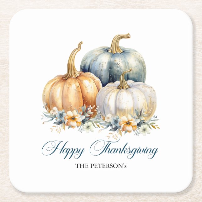 Happy Thanksgiving Blue Orange Gold Pumpkins Square Paper Coaster (Front)