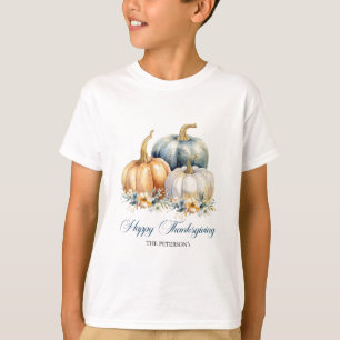 Happy Thanksgiving Blue Orange Gold Pumpkins T-Shirt