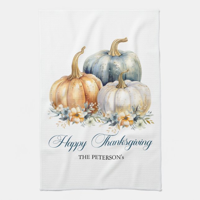 Happy Thanksgiving Blue Orange Gold Pumpkins Tea Towel (Vertical)